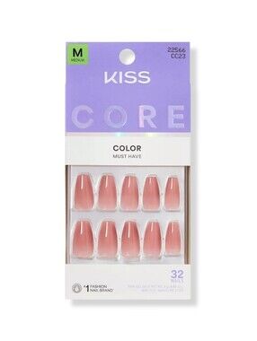 KISS CORE COLOR SOFT PINK MEDIUM COFFIN PRESS-ON NAILS, JUBILATION.